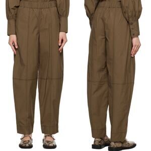 Ganni Cotton Crepe Curve Pants Brown Pull-On Elastic Waist Barrel Leg Size‎ 28